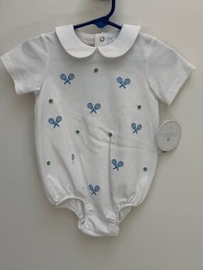 Edgehill Collection White bubble Romper with Blue Tennis Rackets and Green Balls